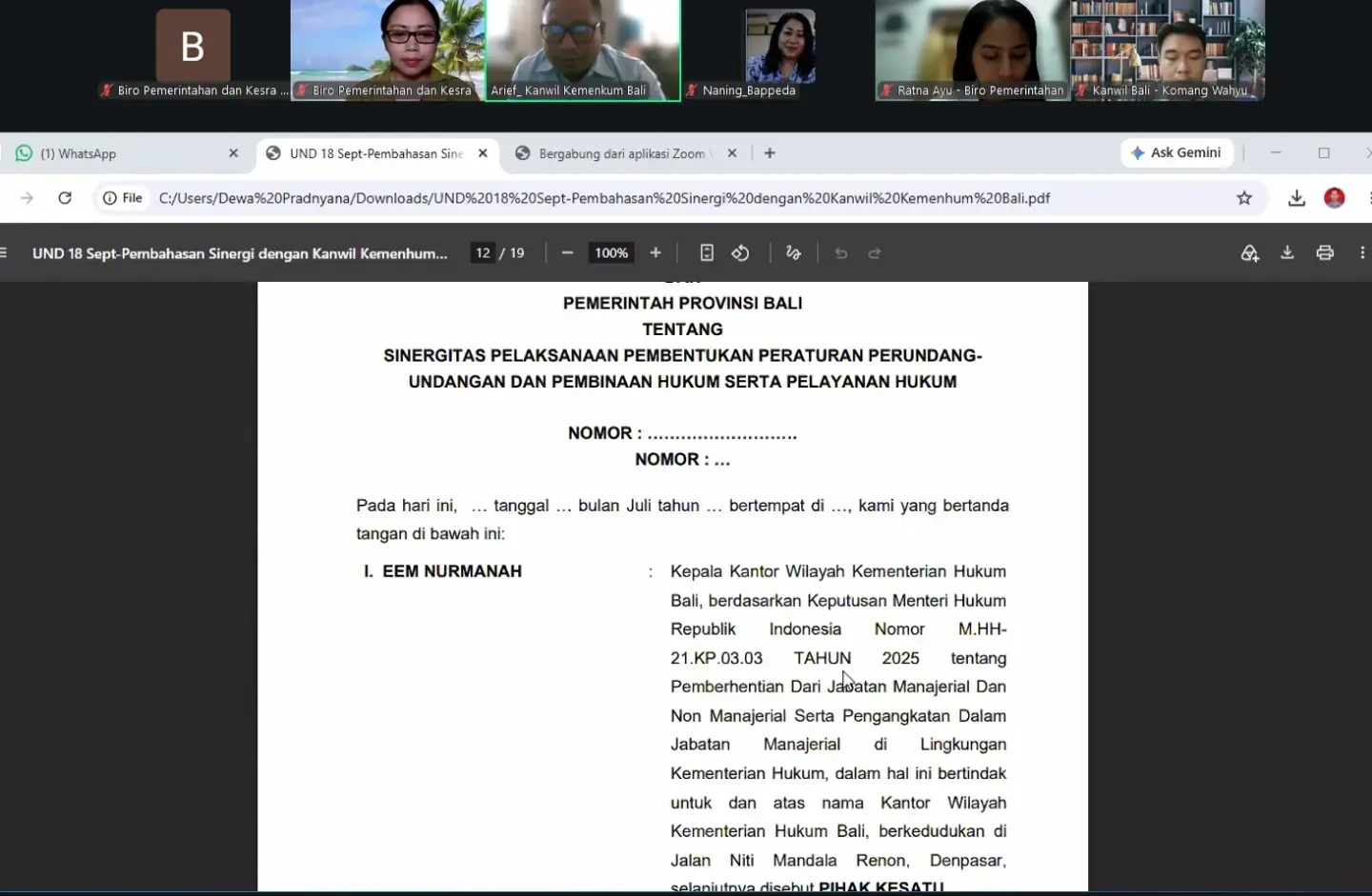 Rapat koordinasi antara Kantor Wilayah Kementerian Hukum Bali dan Pemerintah Provinsi Bali tentang Sinergitas Pelaksanaan Produk Hukum Daerah