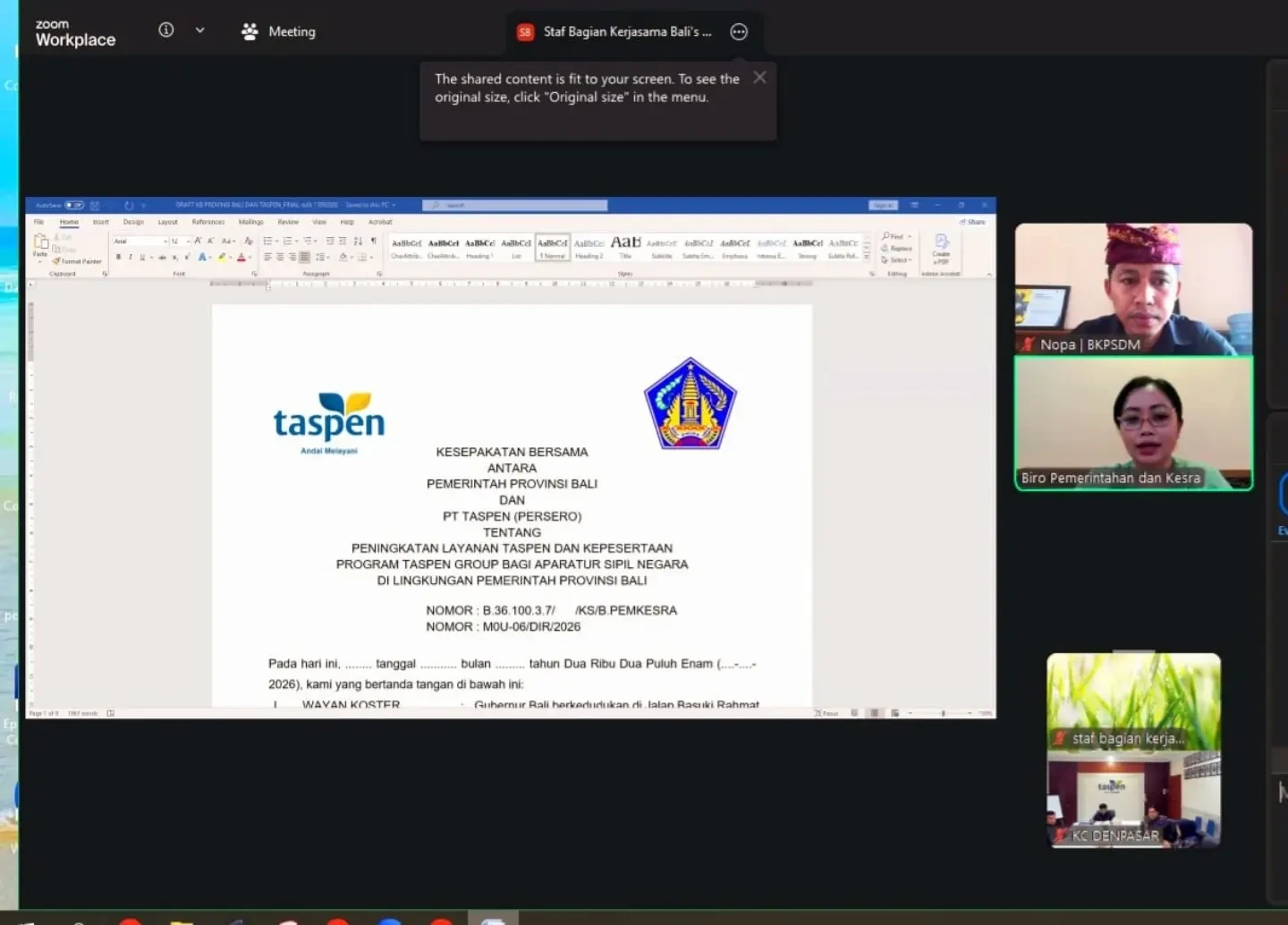 Rapat pembahasan draft Kesepakatan Bersama antara Pemerintah Provinsi Bali dengan PT.Taspen (Persero)
