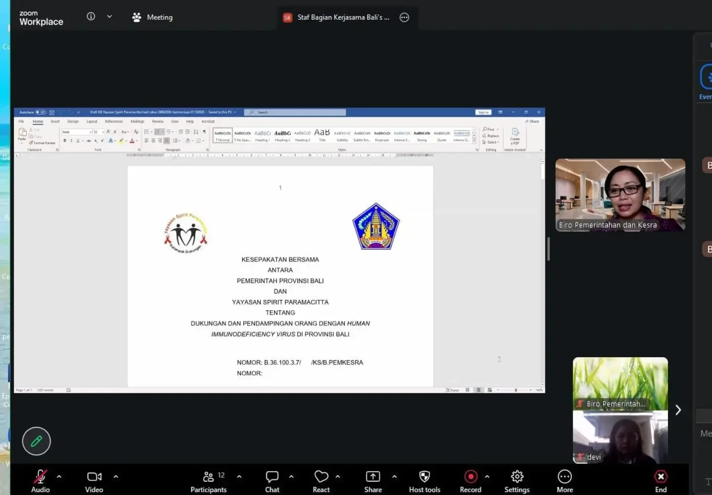 Rapat pembahasan draft Kesepakatan Bersama antara Pemerintah Provinsi Bali dengan Yayasan Spirit