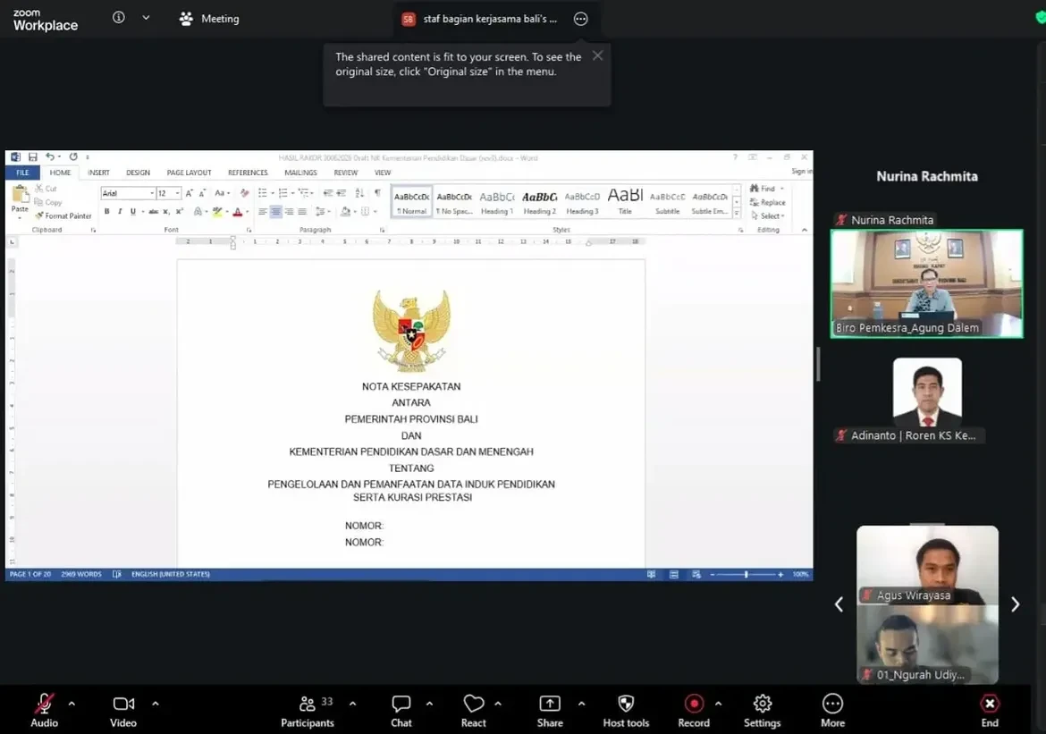 Rapat pembahasan draft Nota Kesepakatan dan rencana kerja antara Pemerintah Provinsi Bali dengan Kementerian Pendidikan Dasar dan Menengah