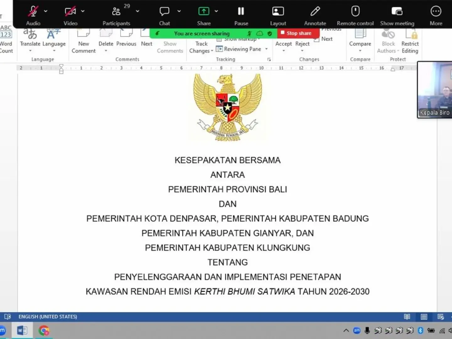 Rapat Pembahasan Draft Kesepakatan Bersama Pemerintah Provinsi Bali tentang Penyelenggaraan dan Implementasi Penetapan Kawasan Rendah Emisi