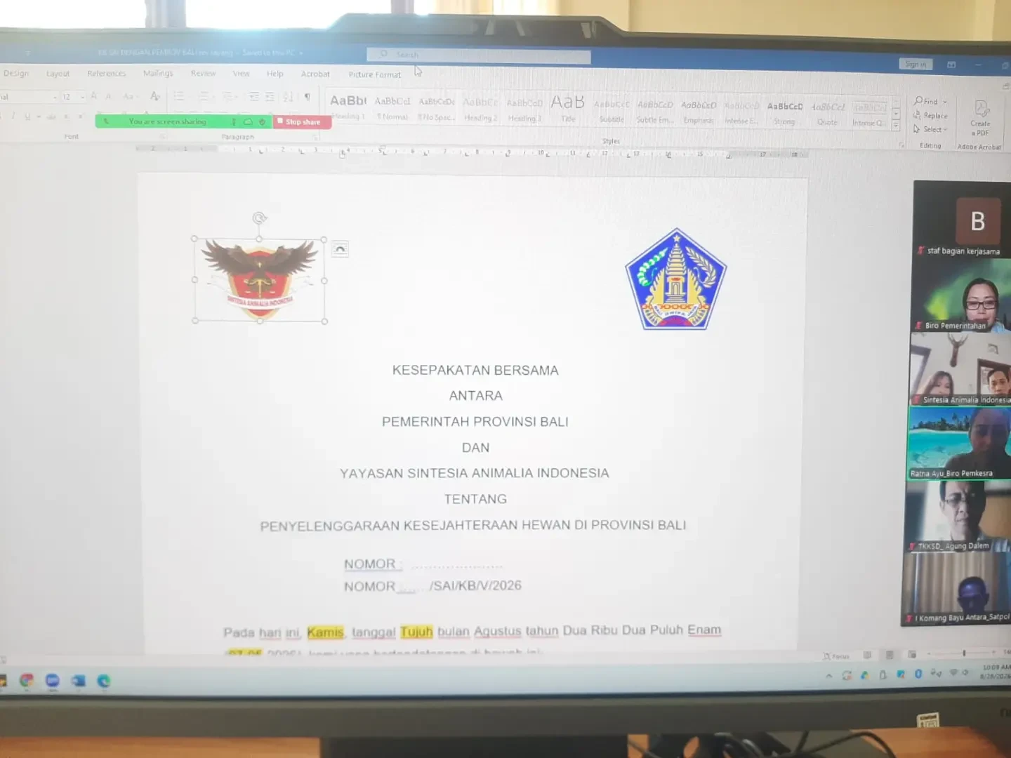 Rapat pembahasan draft Kesepakatan Bersama Antara Pemerintah Provinsi Bali dan Yayasan Sintesia Animalia Indonesia