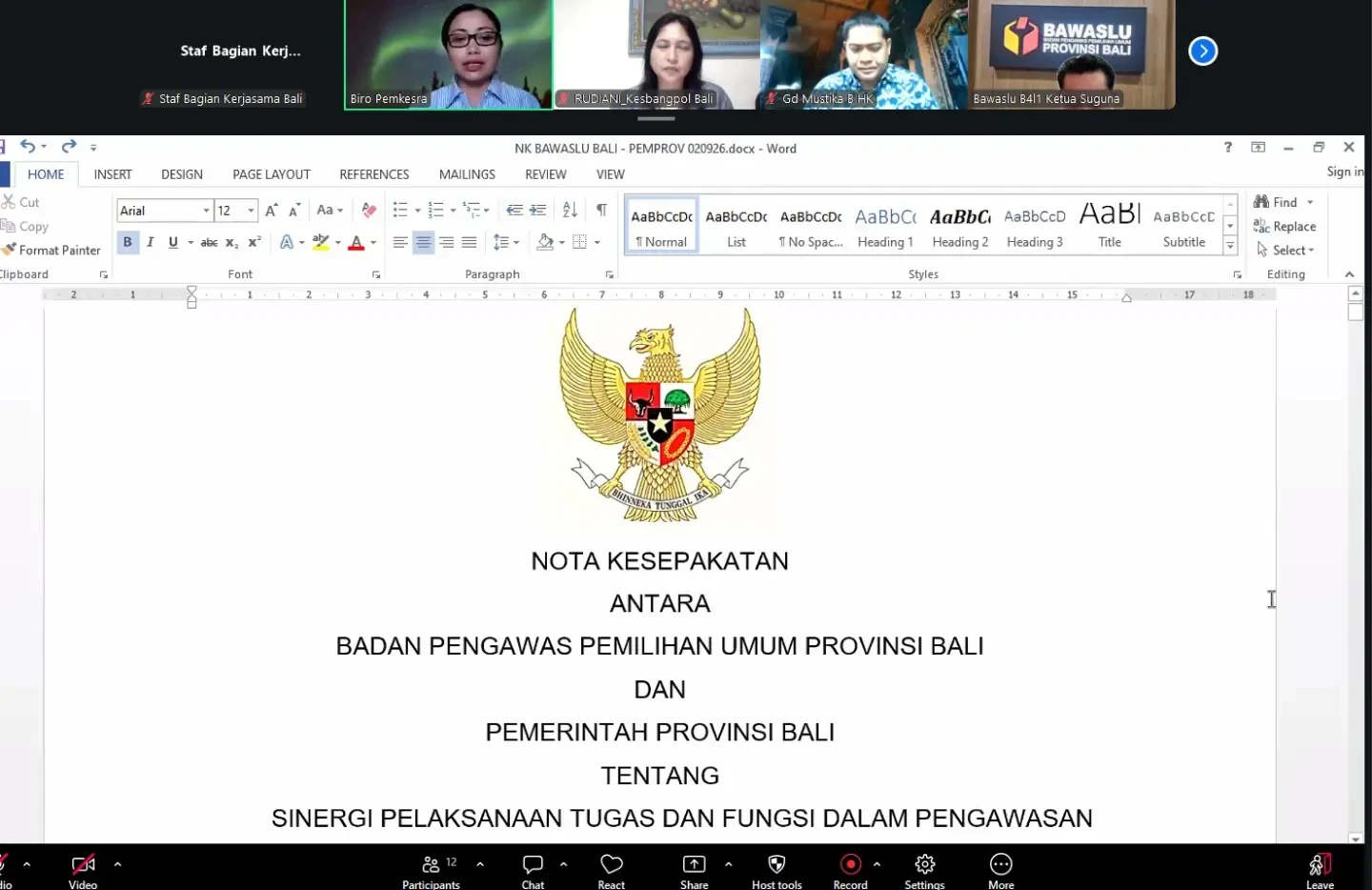 Rapat pembahasan draft Nota Kesepakatan antara Badan Pengawas Pemilihan Umum Provinsi Bali dan Pemerintah Provinsi Bali