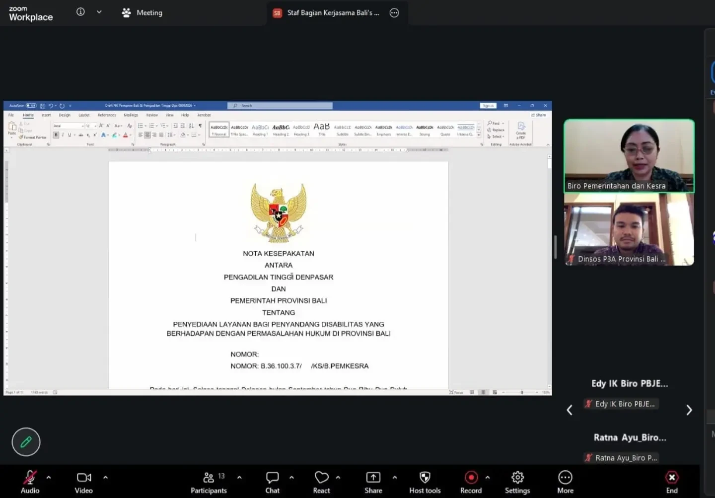 Rapat pembahasan draft Nota Kesepakatan antara Pemerintah Provinsi Bali dan Pengadilan Tinggi Denpasar