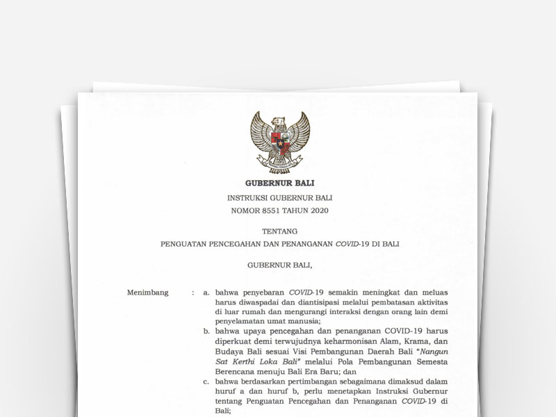 Instruksi Gubernur Bali Tentang Penguatan Pencegahan dan Penanganan Covid-19 di Bali