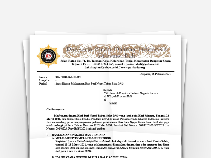 Surat Edaran PHDI Bali Tentang Pelaksanaan Hari Suci Nyepi Tahun Çaka 1943
