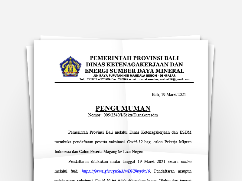 Pengumuman Disnakeresdm Nomor 005/2340/I/Sektr/Disnakeresdm