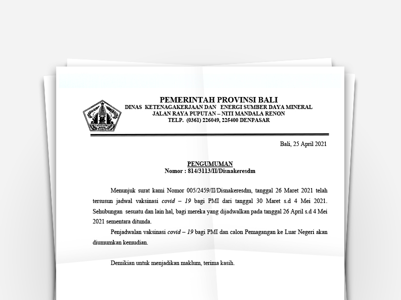 Pengumuman Nomor 814/3113/II/Disnakeresdm