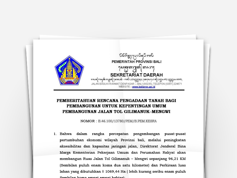 Pemberitahuan Rencana Pengadaan Tanah Bagi Pembangunan untuk Kepentingan Umum Pembangunan Jalan Tol Gilimanuk-Mengwi