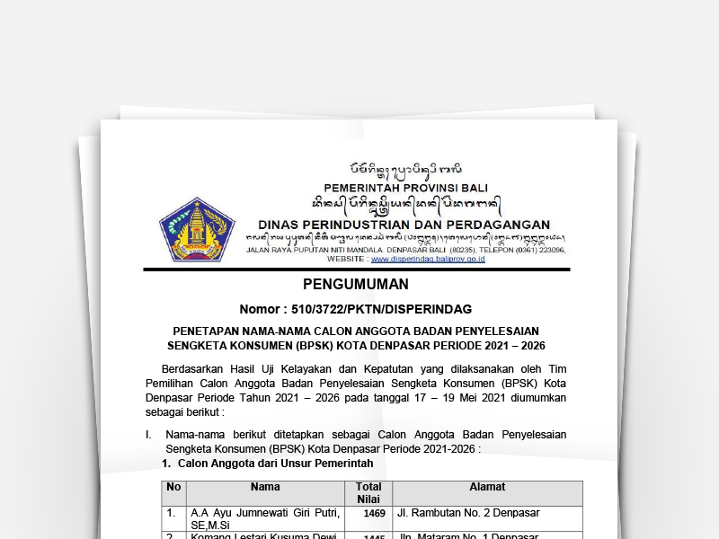 Penetapan Nama-Nama Calon Anggota Badan Penyelesaian Sengketa Konsumen (BPSK) Kota Denpasar Periode 2021-2026