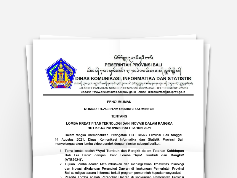 Pengumuman Tentang Lomba Kreativitas Teknologi dan Inovasi dalam Rangka HUT ke-63 Provinsi Bali