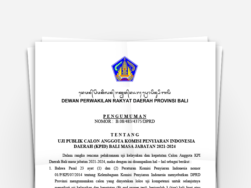 Pengumuman DPRD Provinsi Bali Nomor B.08/483/4375/DPRD