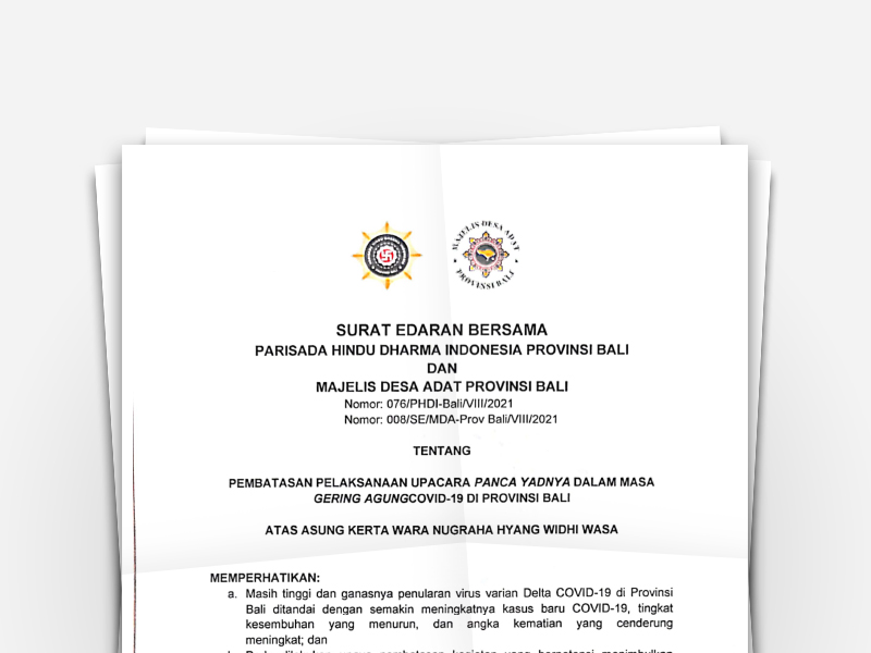 Surat Edaran Bersama PHDI Provinsi Bali Nomor 076/PHDI-Bali/VIII/2021 dan MDA Provinsi Bali Nomor 008/SE/MDA-Prov Bali/VIII/2021