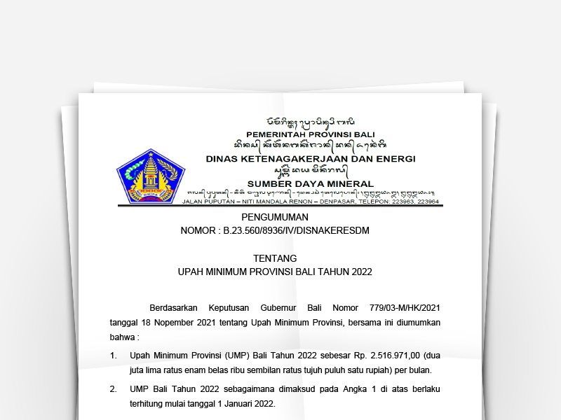 Pengumuman Tentang Upah Minimum Provinsi Bali Tahun 2022