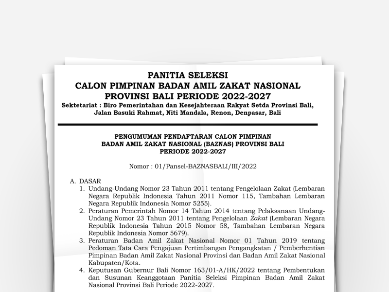 Pengumuman Pendaftaran Calon Pimpinan Badan Amil Zakat Nasional Provinsi Bali Periode 2022-2027
