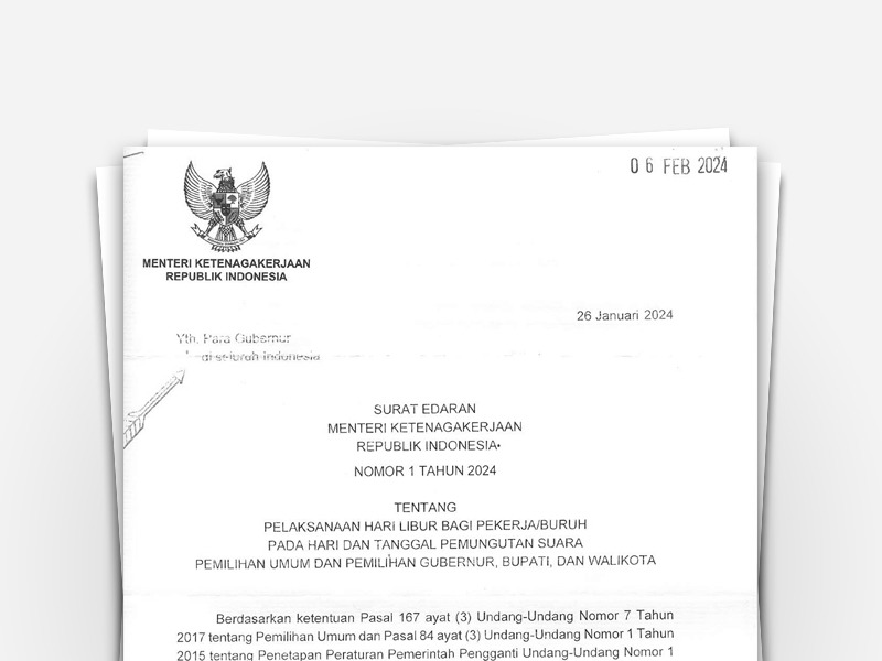 Surat Edaran Menteri Ketenagakerjaan Republik Indonesia Nomor 1 Tahun 2024 Tentang Pelaksanaan Hari Libur Bagi Pekerja/Buruh Pada Hari Dan Tanggal Pemungutan Suara Pemilihan Umum dan Pemilihan Gubernur, Bupati, Dan Walikota