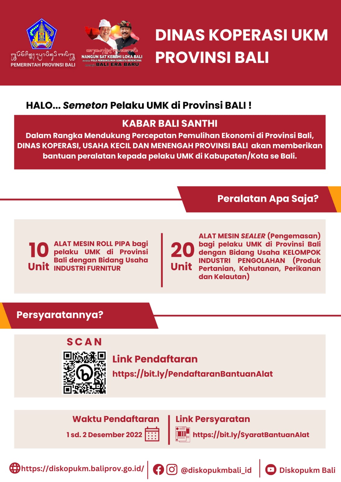 Halo, Dinas Koperasi UKM Bali akan memberikan peralatan kepada pelaku UMK