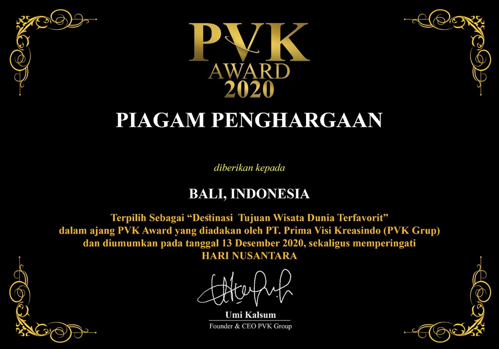 Bali Raih Predikat “ Destinasi Wisata Dunia Terfavorit” di PVK Award 2020