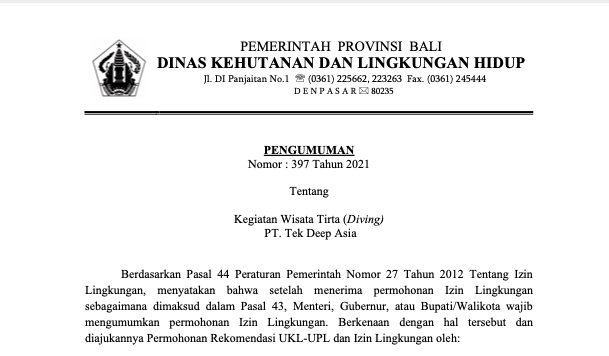 Permohonan Izin Lingkungan Kegiatan Wisata Tirta (Diving) PT. Tek Deep Asia