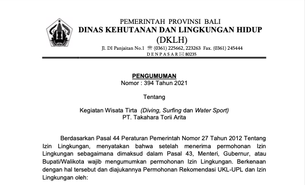 Permohonan Izin Lingkungan Kegiatan Wisata Tirta (Diving, Surfing dan Water Sport) PT. Takahara Torii Arita