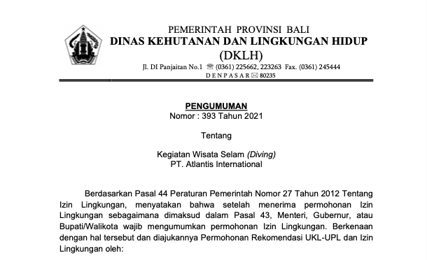 Permohonan Izin Lingkungan Kegiatan Wisata Selam (Diving) PT. Atlantis International