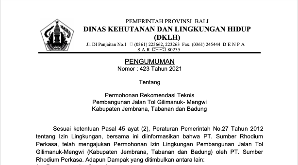 Permohonan Rekomendasi Teknis Pembangunan Jalan Tol Gilimanuk- Mengwi