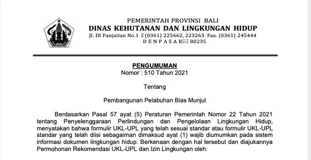 Permohonan Rekomendasi UKL-UPL dan Izin Lingkungan Pembangunan Pelabuhan Bias Munjul
