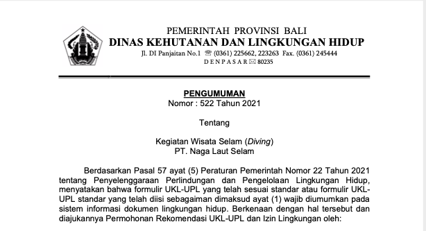 Permohonan Rekomendasi UKL-UPL dan Izin Lingkungan oleh PT. Naga Laut Selam