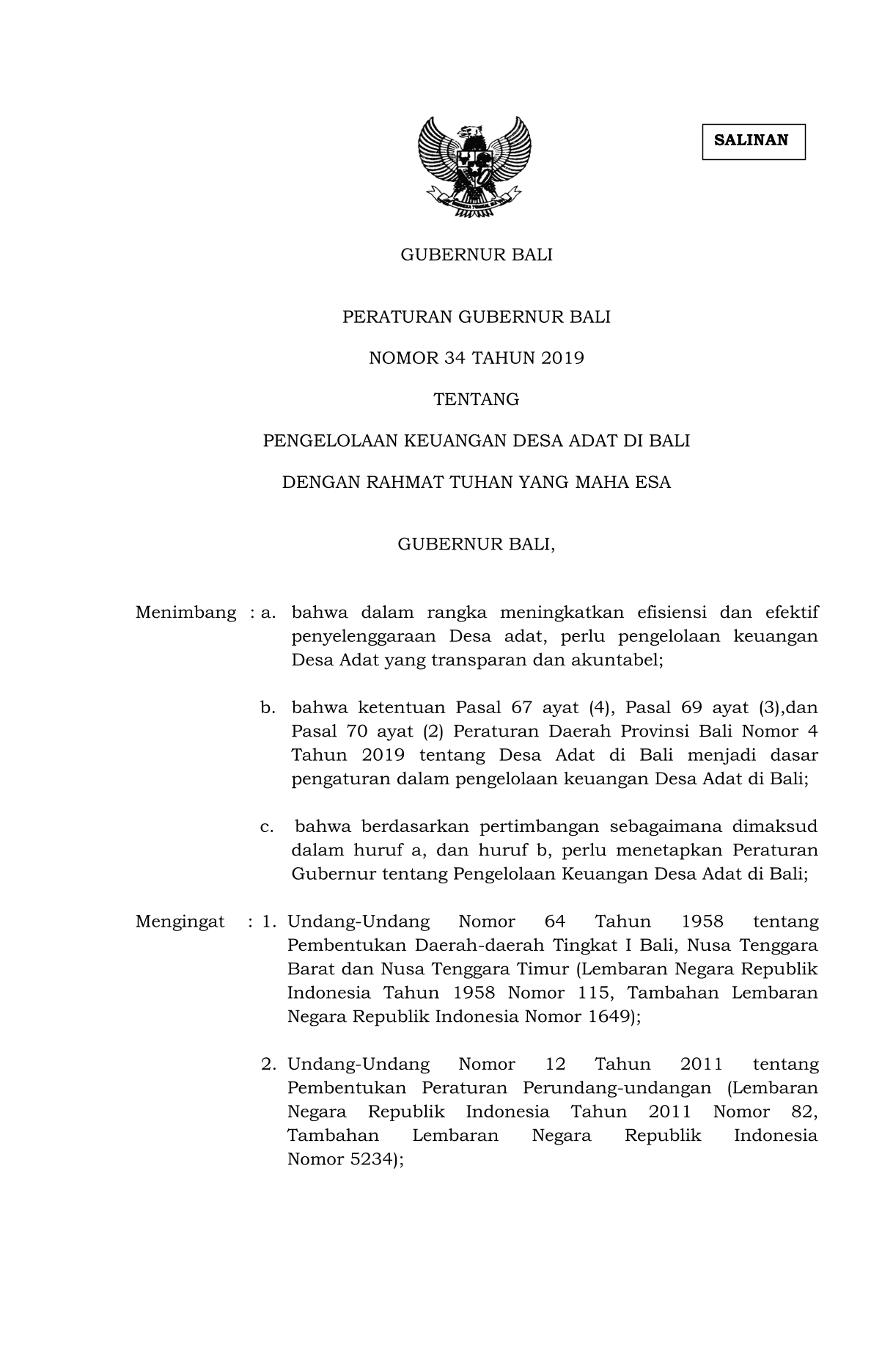 PERGUB NOMOR 34 TAHUN 2019 TENTANG PENGELOLAAN KEUANGAN DESA ADAT DI BALI