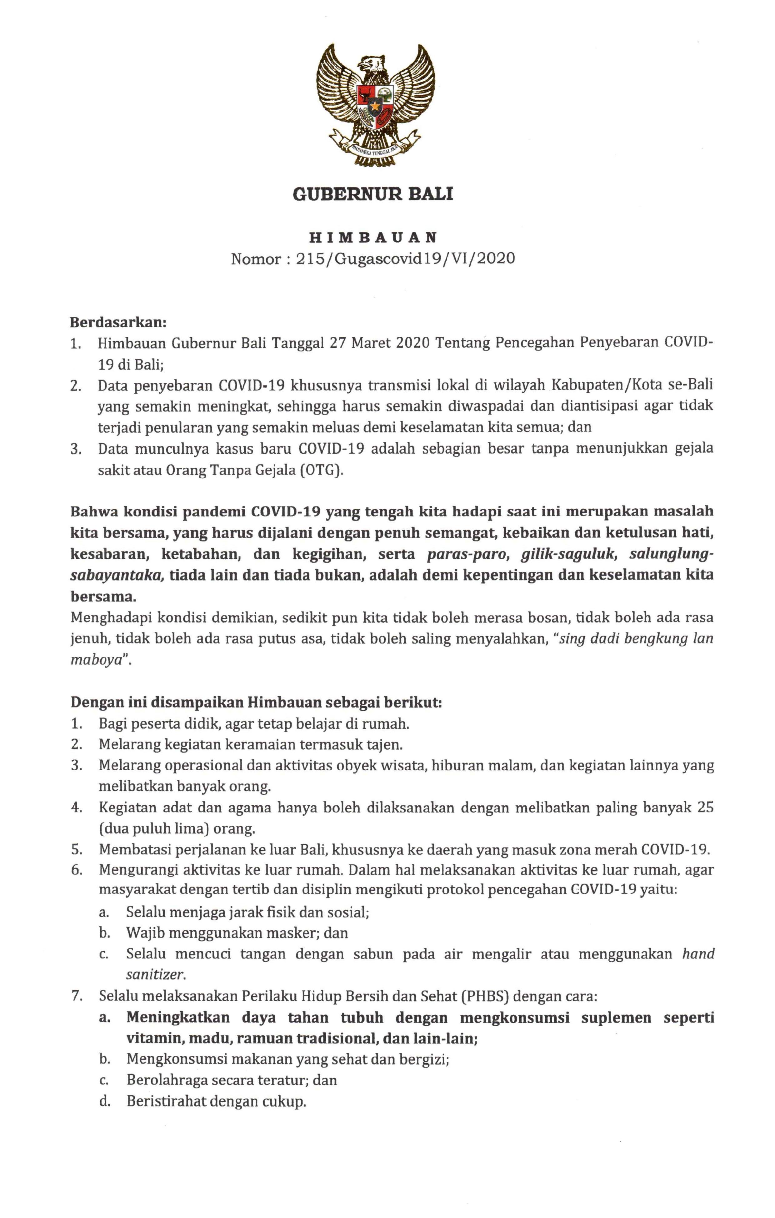 HIMBAUAN GUBERNUR BALI NOMOR: 215/Gugascovid19/VI/2020
