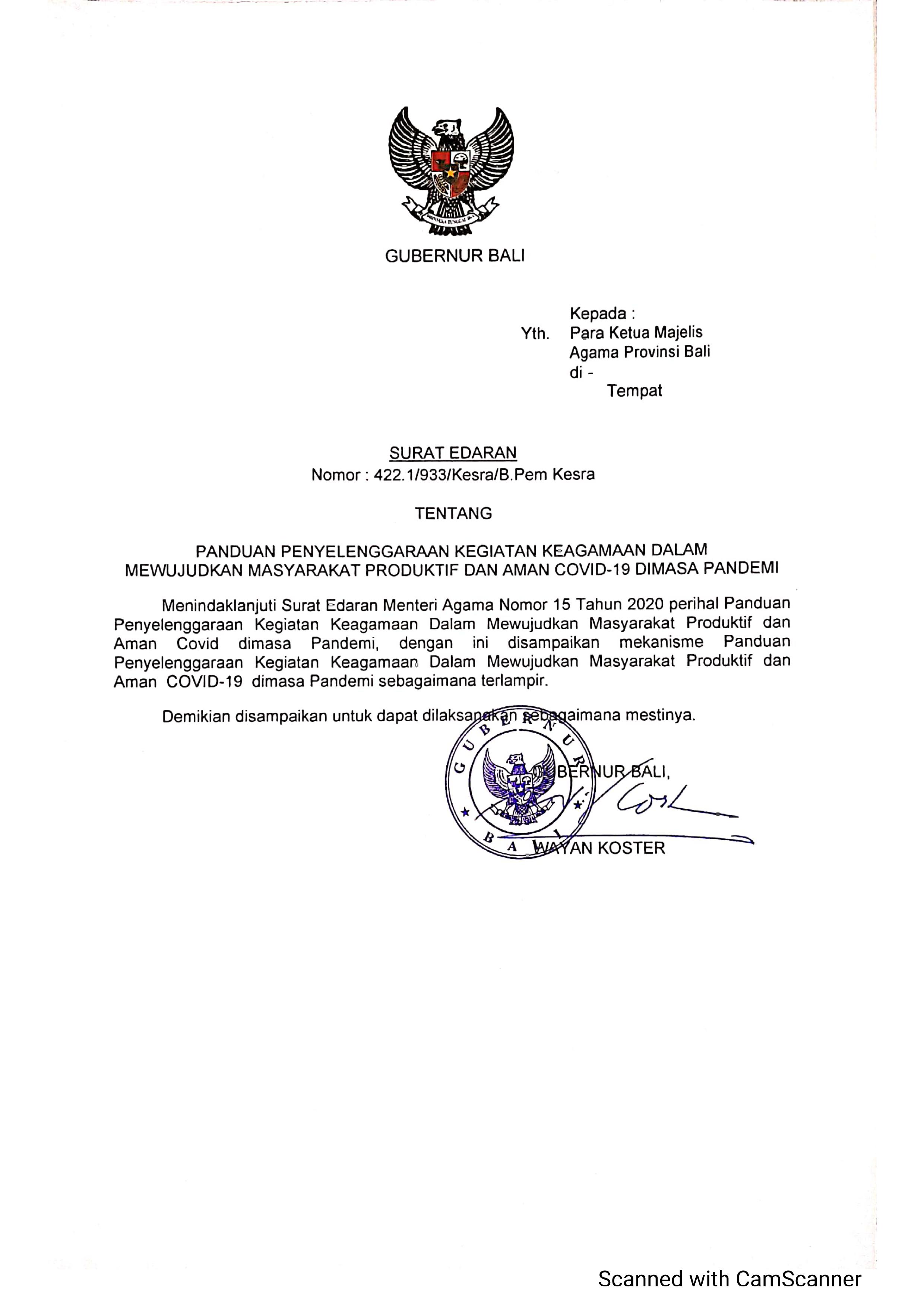 SURAT EDARAN GUBERNUR BALI TENTANG PANDUAN PENYELENGGARAAN KEGIATAN KEAGAMAAN DALAM MEWUJUDKAN MASYARAKAT PRODUKTIF DAN AMAN COVID-19 DI MASA PANDEMI