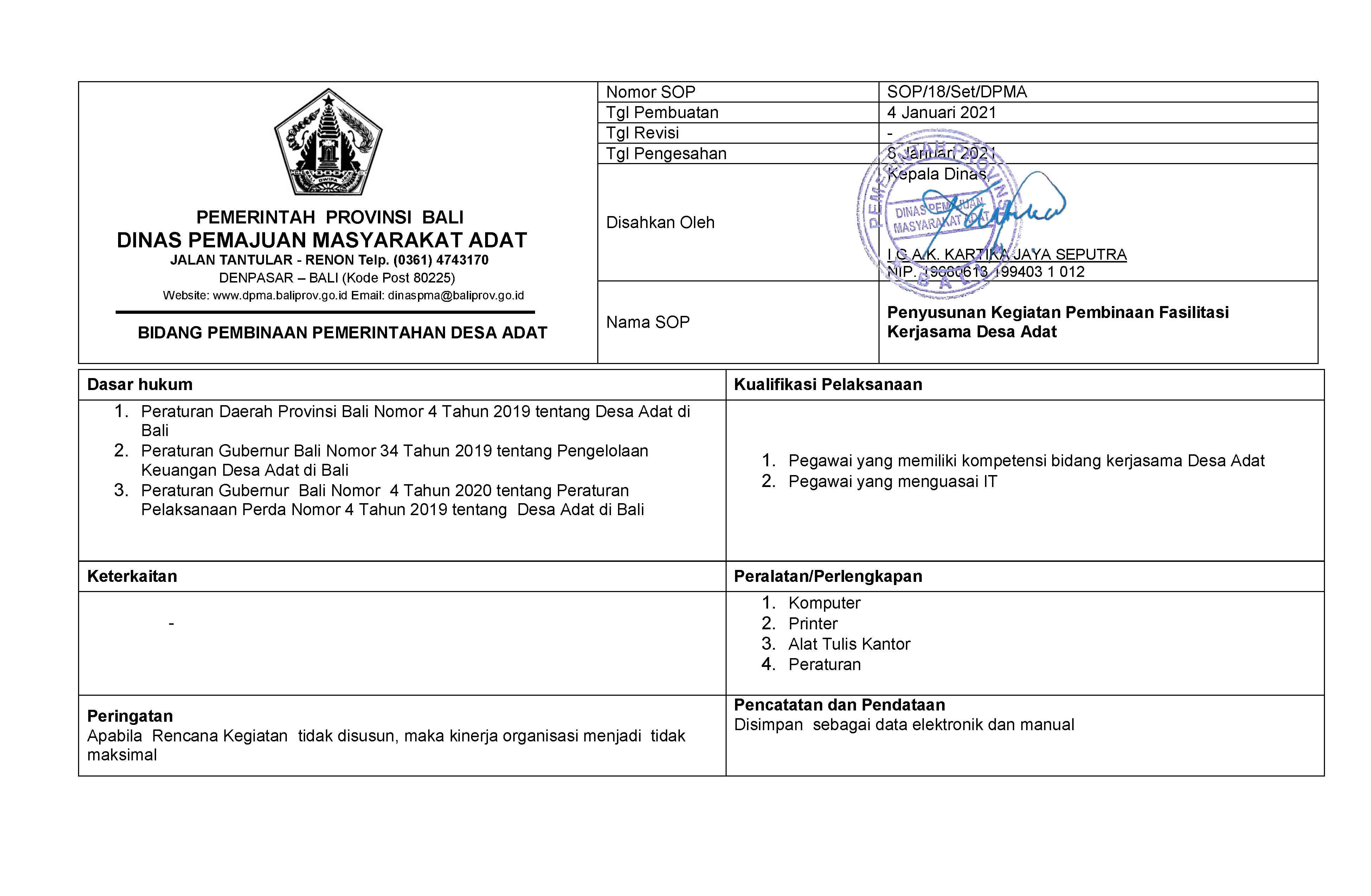 SOP PEMBINAAN DAN FASILITASI KERJASAMA DESA ADAT