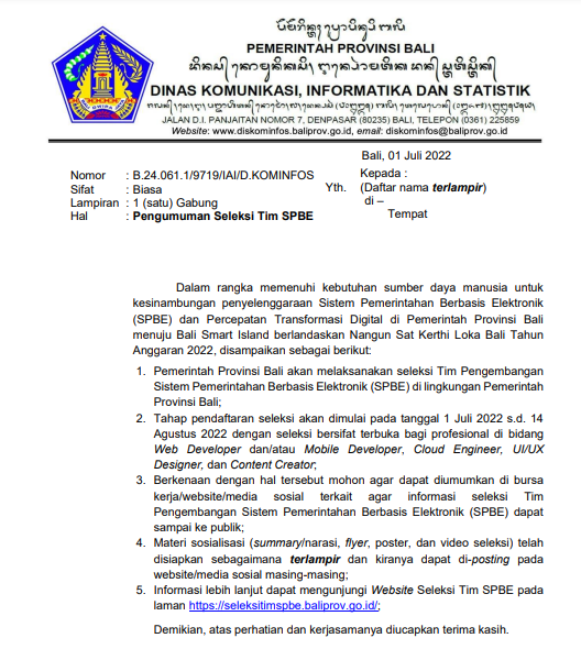 PENGUMUMAN SELEKSI TIM SPBE