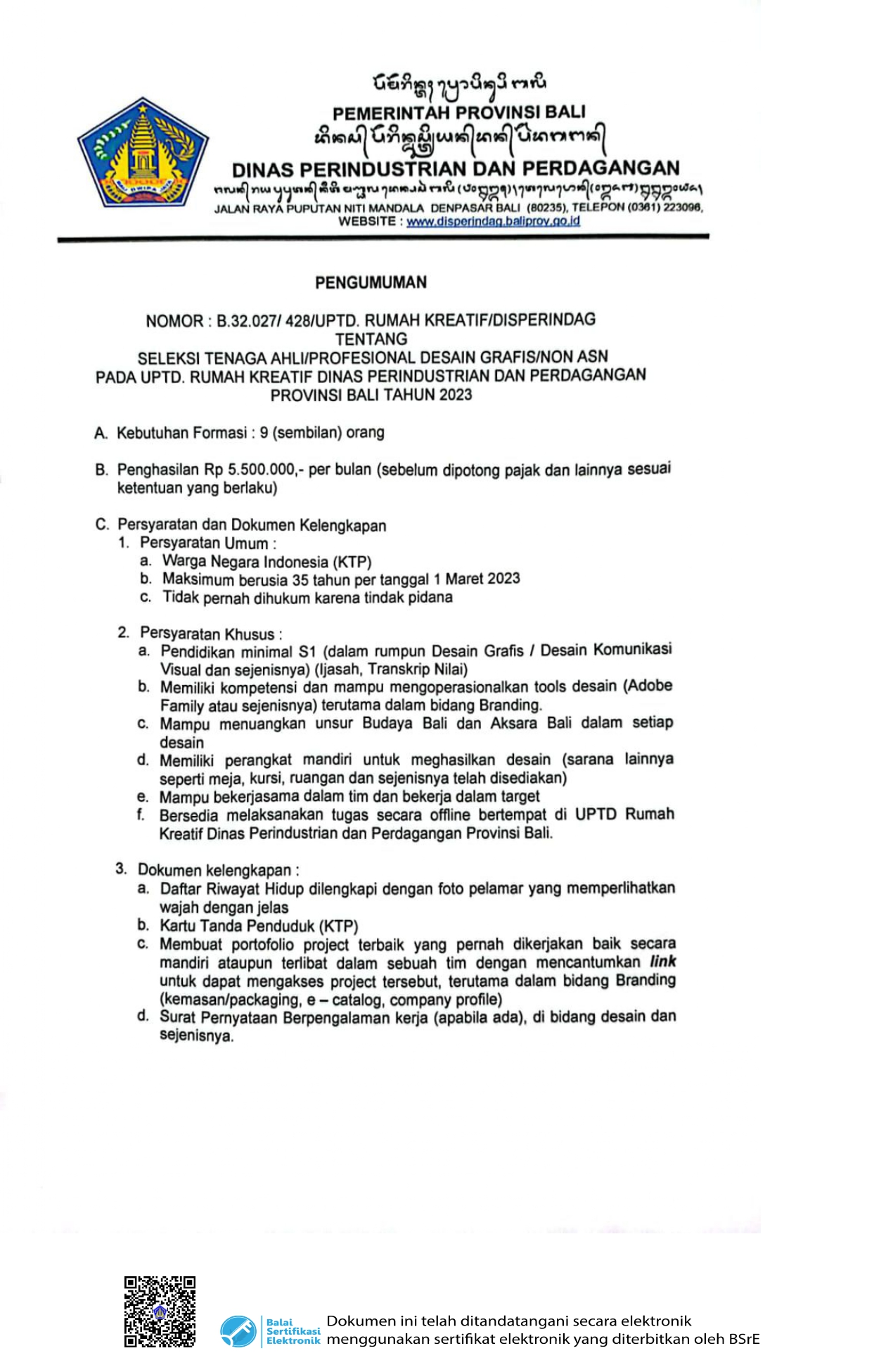 Pengumuman Seleksi Tenaga Ahli/Profesional Desain Grafis/Non ASN