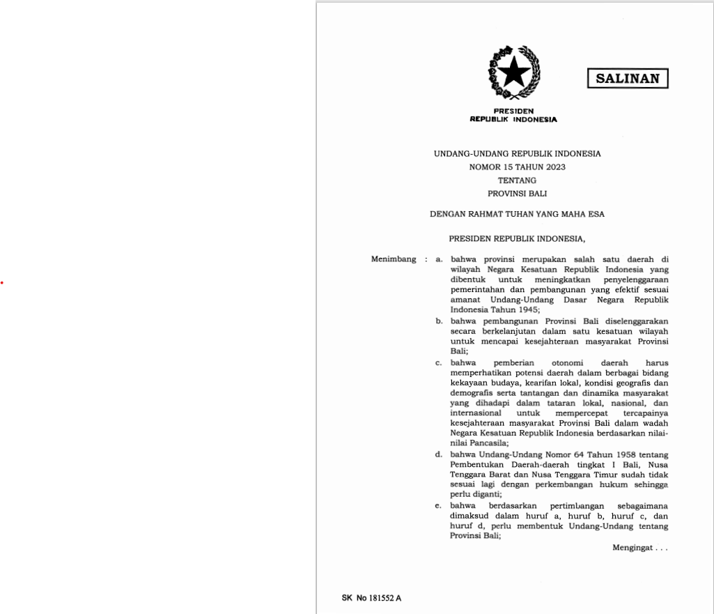 UNDANG-UNDANG REPUBLIK INDONESIA NOMOR 15 TAHUN 2023 TENTANG PROVINSI BALI