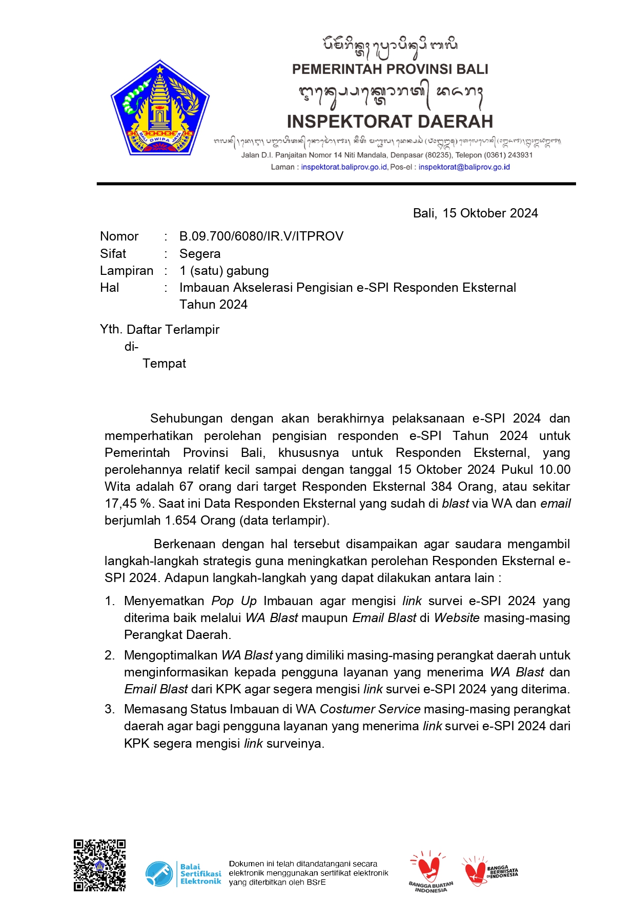 Imbauan Akselerasi Pengisian e-SPI Responden Eksternal Tahun 2024