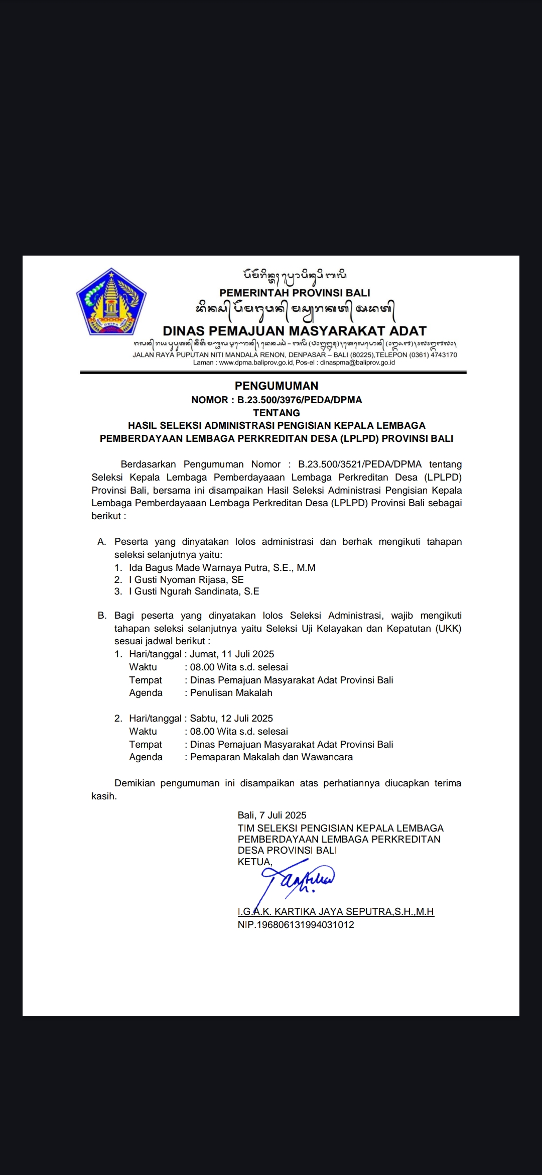 PENGUMUMAN HASIL SELEKSI ADMINISTRASI PENGISIAN KEPALA LEMBAGA PEMBERDAYAAN LEMBAGA PERKREDITAN DESA (LPLPD) PROVINSI BALI   