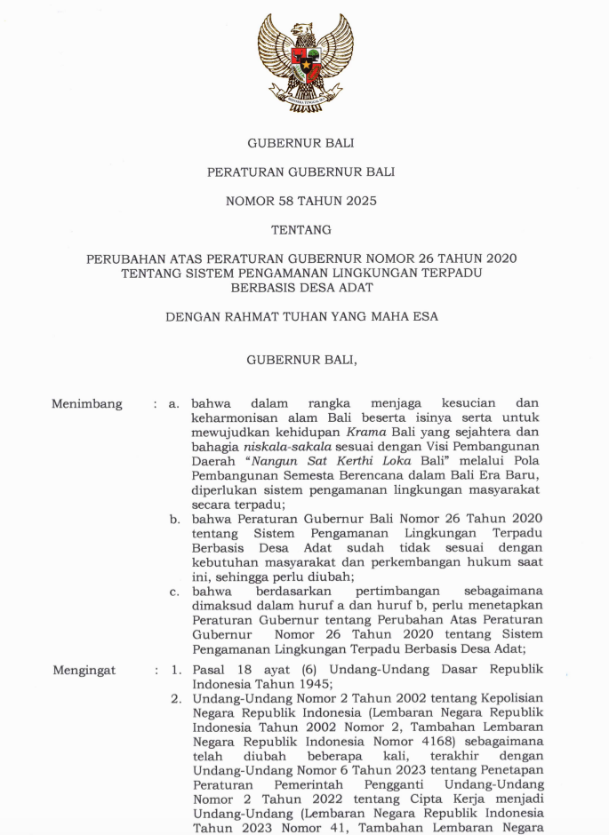 Peraturan Gubernur Bali Nomor 58 Tahun 2025 tentang Perubahan atas Pergub Bali Nomor 26 Tahun 2020 mengenai Sistem Pengamanan Lingkungan Terpadu Berbasis Desa Adat (Sipandu Beradat)