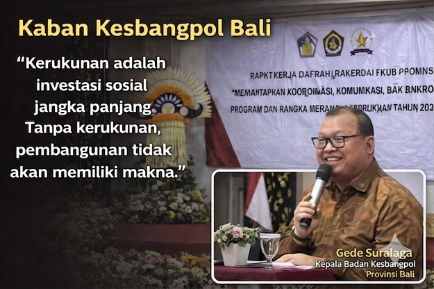 Kaban Kesbangpol Bali Tekankan Penguatan Kerukunan dan Deteksi Dini Konflik pada Rakerda FKUB.