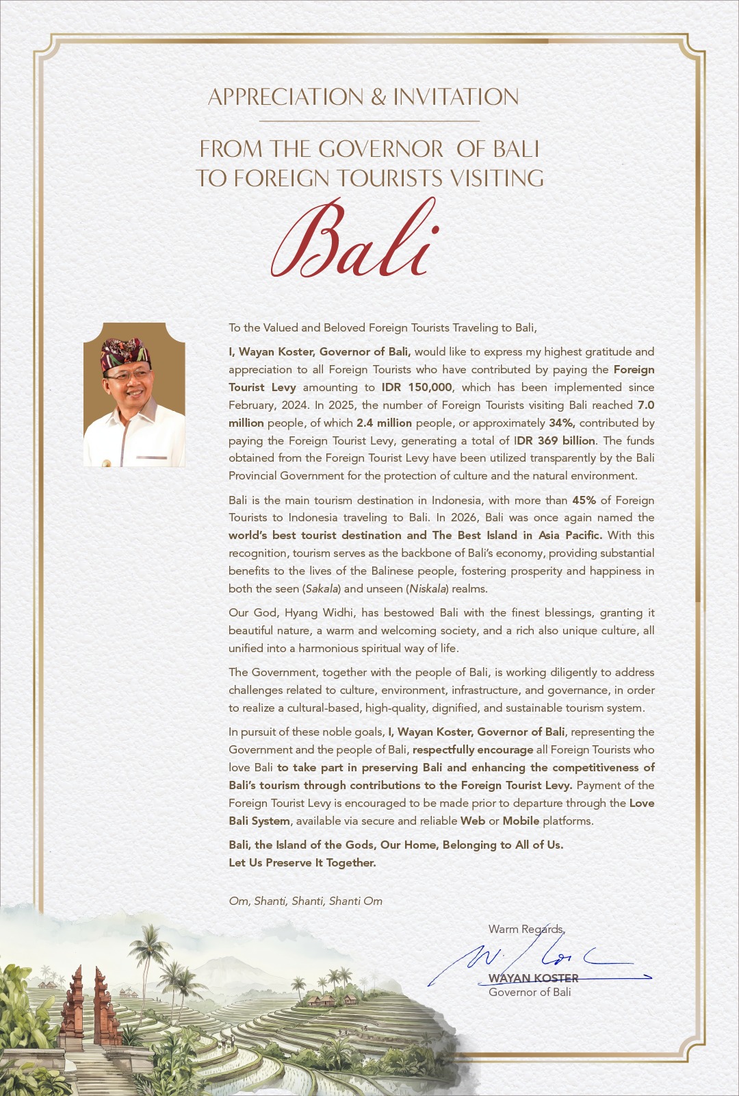 Appreciation & Invitation From The Governor Of Bali to Foreign Tourists Visiting Bali.