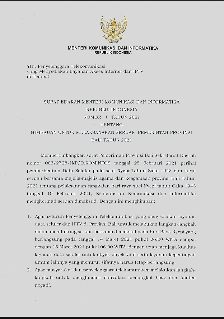 SURAT EDARAN MENTERI KOMUNIKASI DAN INFORMATIKA REPUBLIK INDONESIA NOMOR 1 TAHUN 2021 TENTANG HIMBAUAN UNTUK MELAKSANAKAN SERUAN PEMERINTAH PROVINSI BALI TAHUN 2021