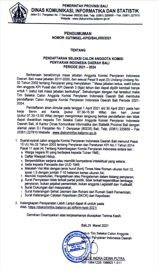 Pemprov Bali Buka Pendaftaran Calon Anggota KPID Provinsi Bali Periode 2021-2024