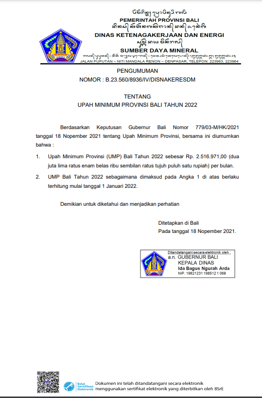 Pengumuman UPAH MINIMUM PROVINSI BALI TAHUN 2022