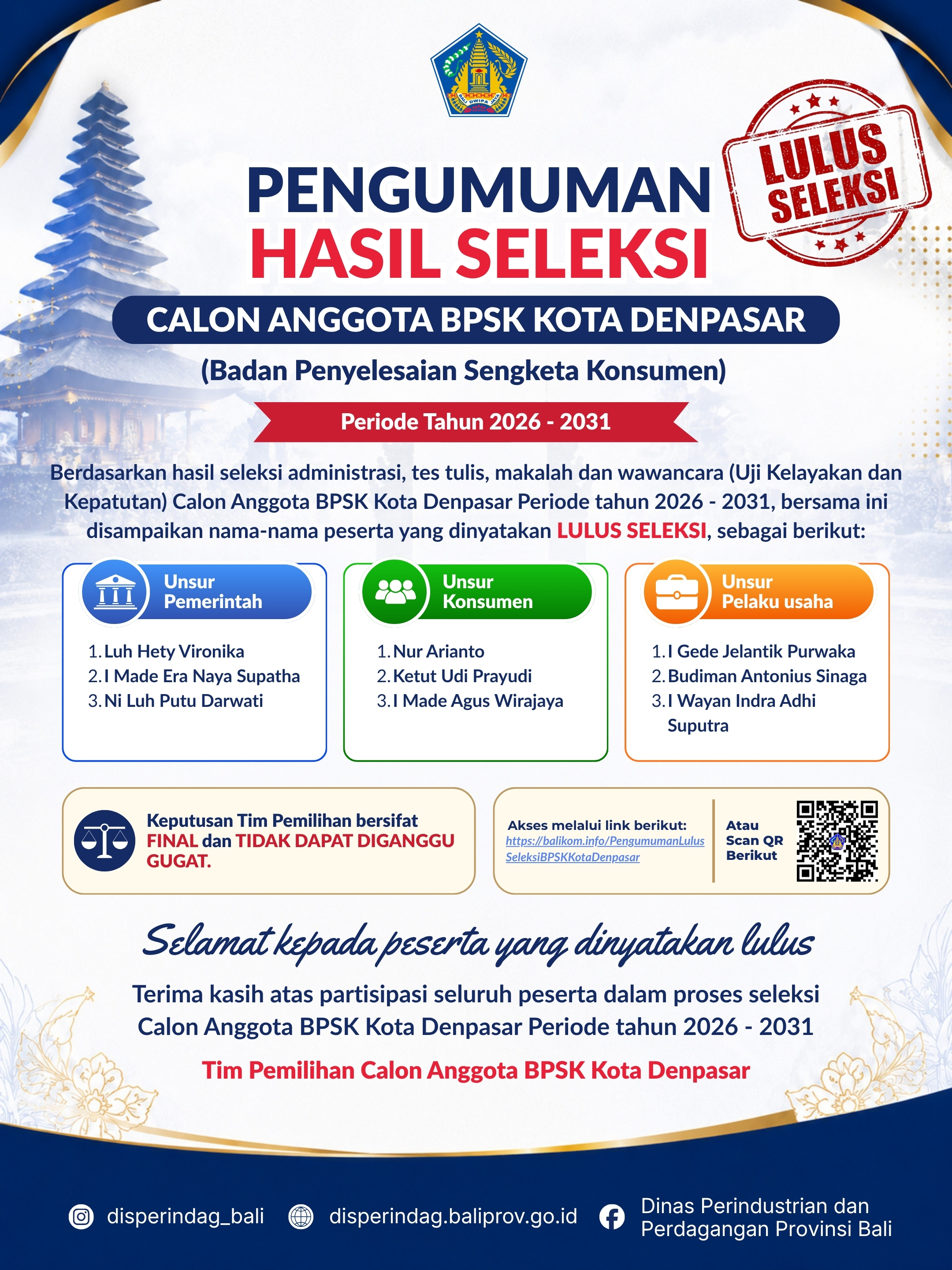Pengumuman Calon Anggota BPSK Kota Denpasar Periode Tahun 2026-2031 yang Lulus Uji Kelayakan dan Kepatutan