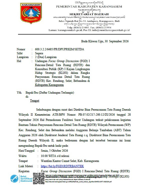 FGD I RDTR dan KP I KLHS Kecamatan Rendang, Selat, dan Bebandem