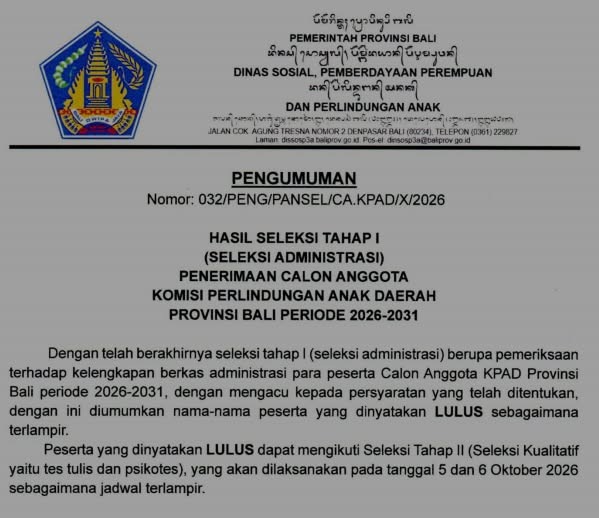 HASIL SELEKSI TAHAP I (SELEKSI ADMINISTRASI) PENERIMAAN CALON ANGGOTA KOMISI PERLINDUNGAN ANAK DAERAH PROVINSI BALI PERIODE 2026-2031