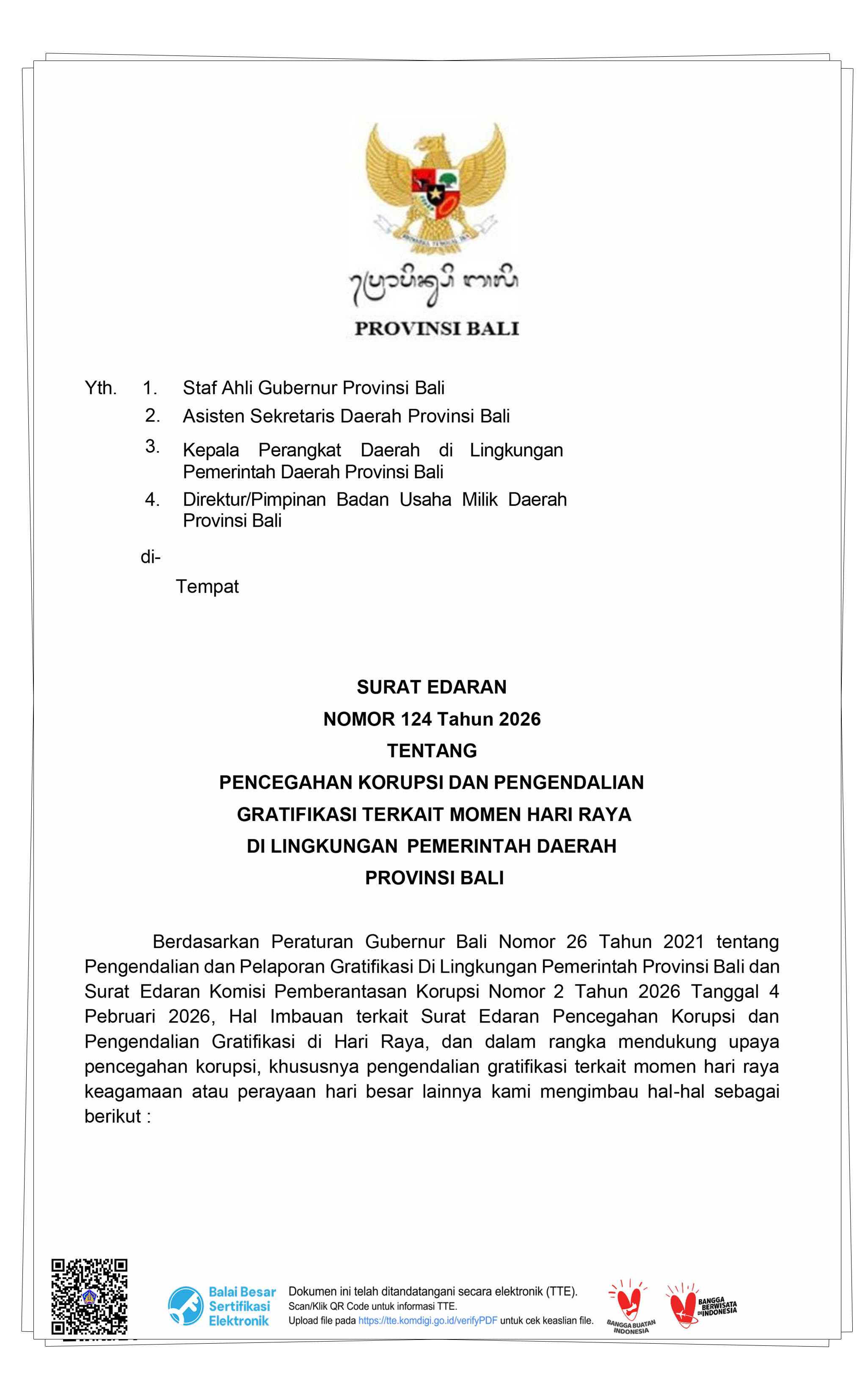 Surat Edaran tentang Pencegahan Korupsi dan Pengendalian Gratifikasi Terkait Momen Hari Raya di Lingkungan Pemerintah Daerah Provinsi Bali
