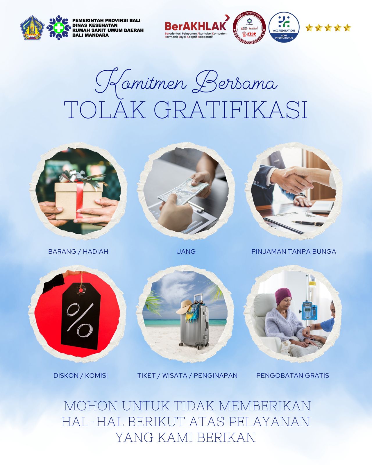 RSUD Bali Mandara secara tegas menyatakan penolakan terhadap segala bentuk gratifikasi.