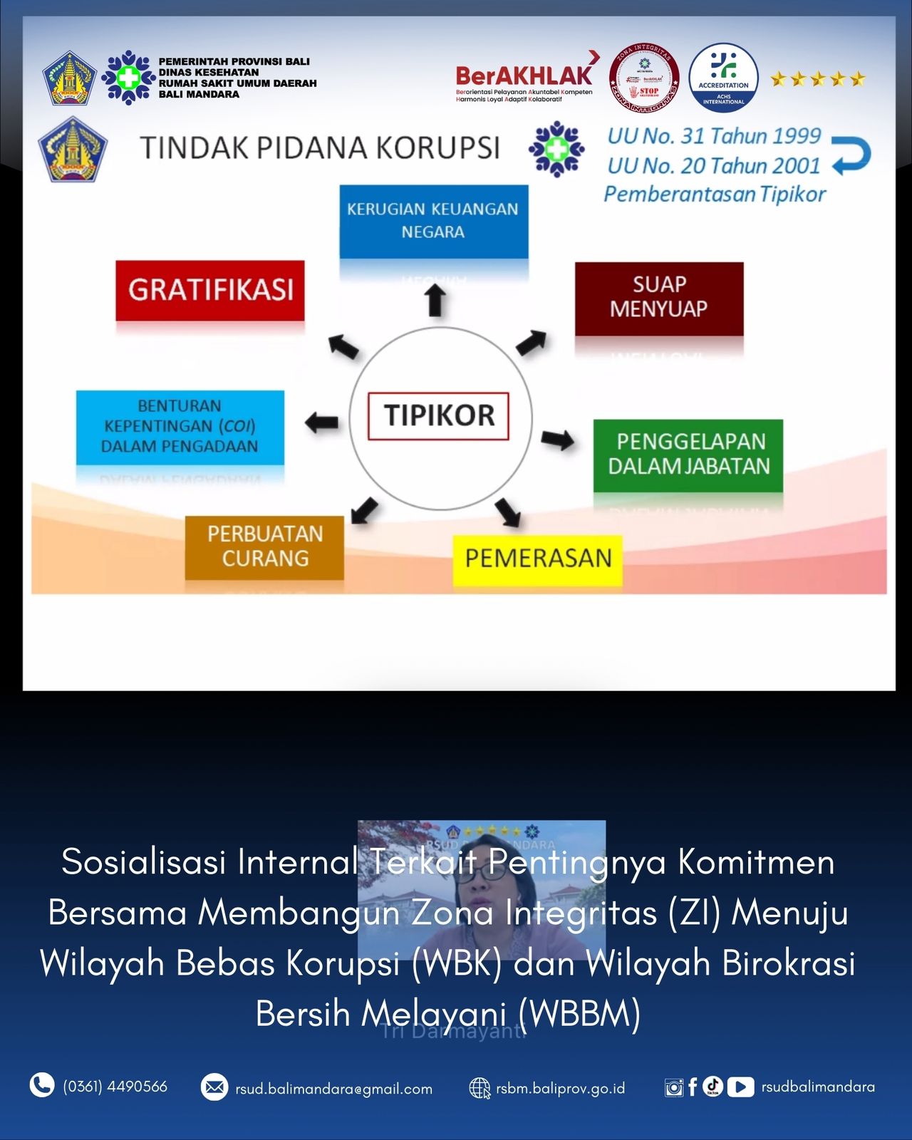 RSUD Bali Mandara telah melakukan sosialisasi internal kepada seluruh staf untuk membangun Zona Integritas (ZI) menuju Wilayah Bebas Korupsi (WBK) dan Wilayah Birokrasi Bersih Melayani (WBBM).