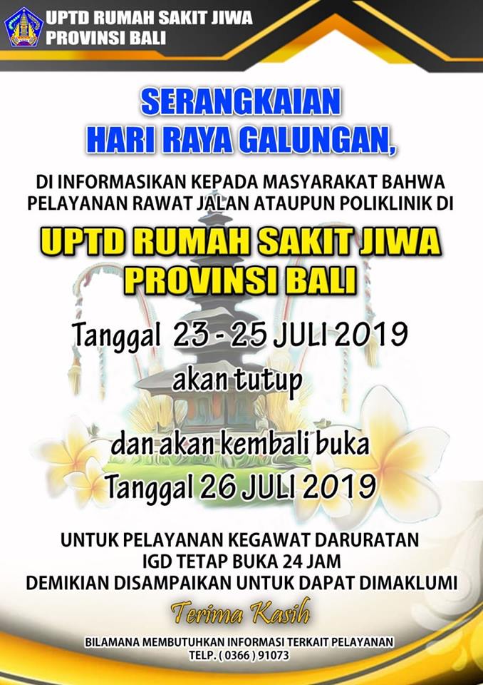 Dalam RangkaHari Raya Galungan Informasi Pelayanan Tutup dari Tanggal 23 - 25 Juli 2019